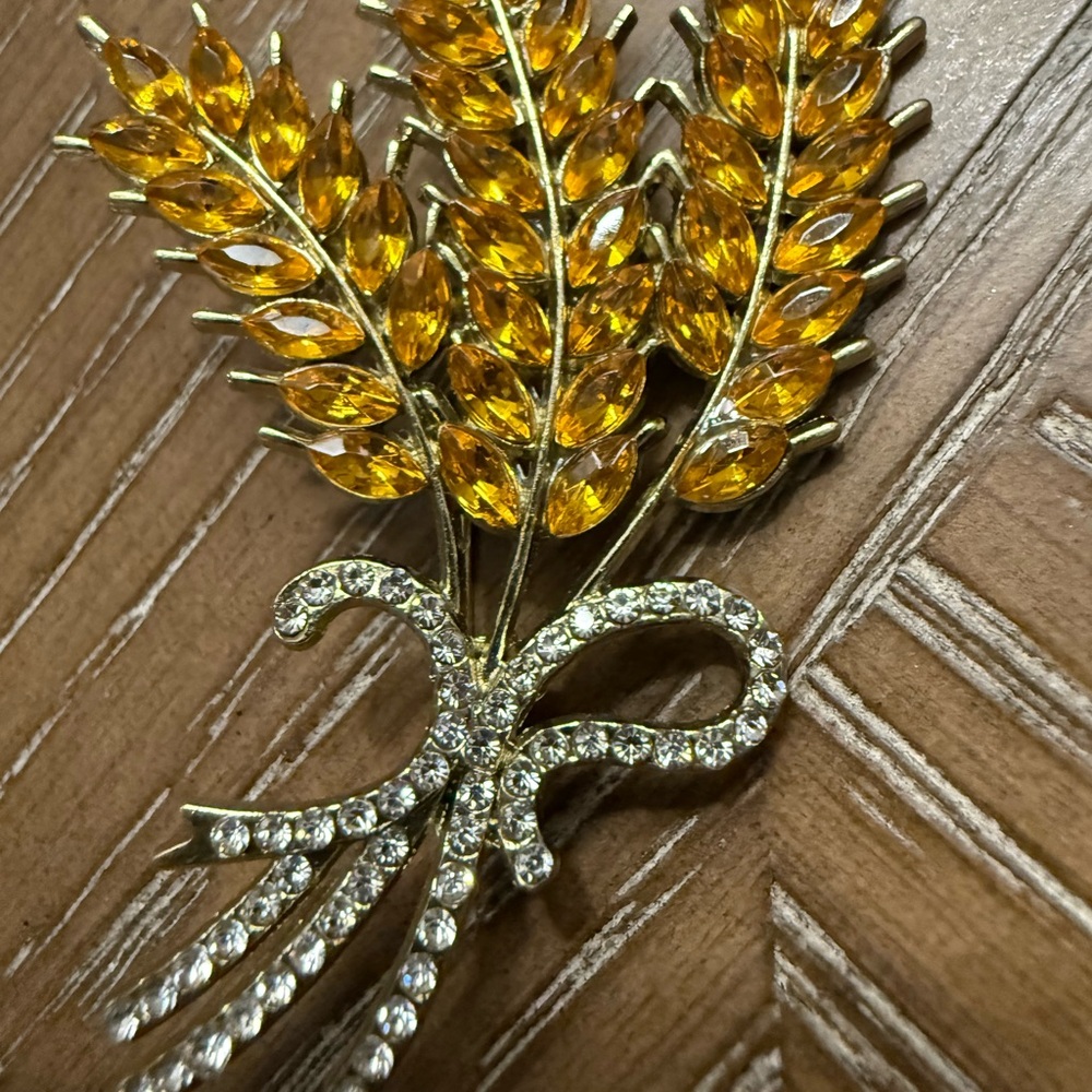 Gold and Yellow Wheat Brooch with Rhinestones